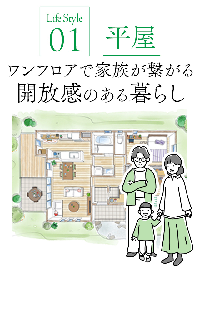 01平屋　ワンフロアで家族が繋がる解放感のある暮らし